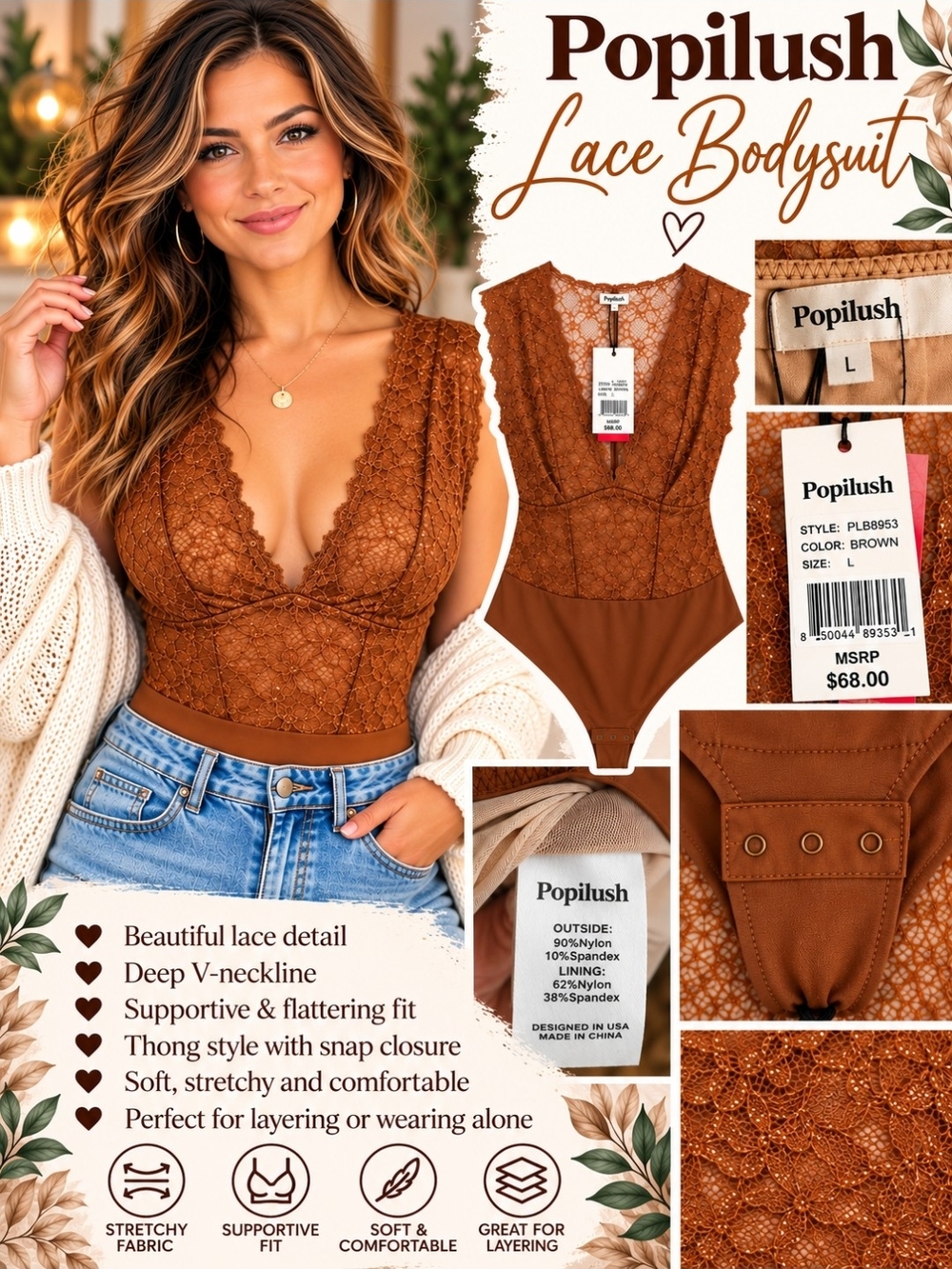 Popilush Brown Lace V-Neck Bodysuit